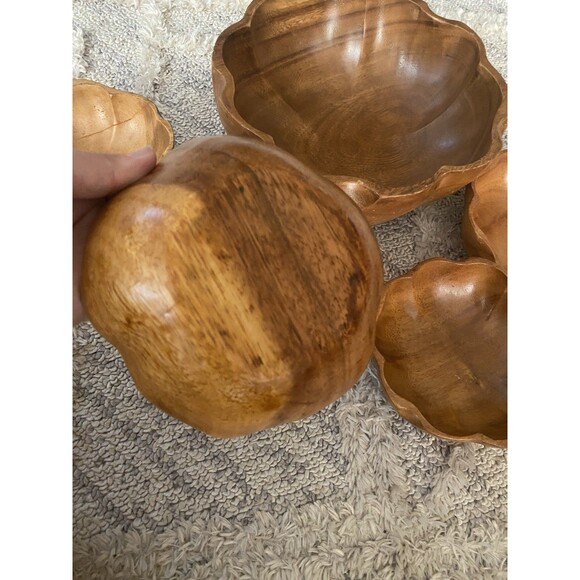 7pcs VTG 60s MCM Tiki Hawaiian Serving Bowl Set TEAK Wood Flower Shape Utensils - Picture 5 of 9